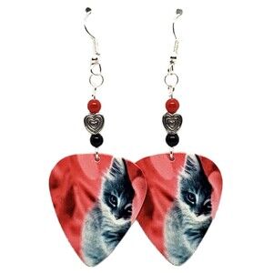 Gray CAT Kitten Kitty on Red Guitar Pick Beaded Earrings - Handmade in USA New